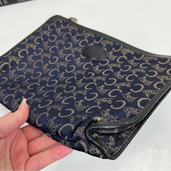 CELINE Clutch Bag C Macadam Blue Logo Carriage Cloth Nylon Leather Purse